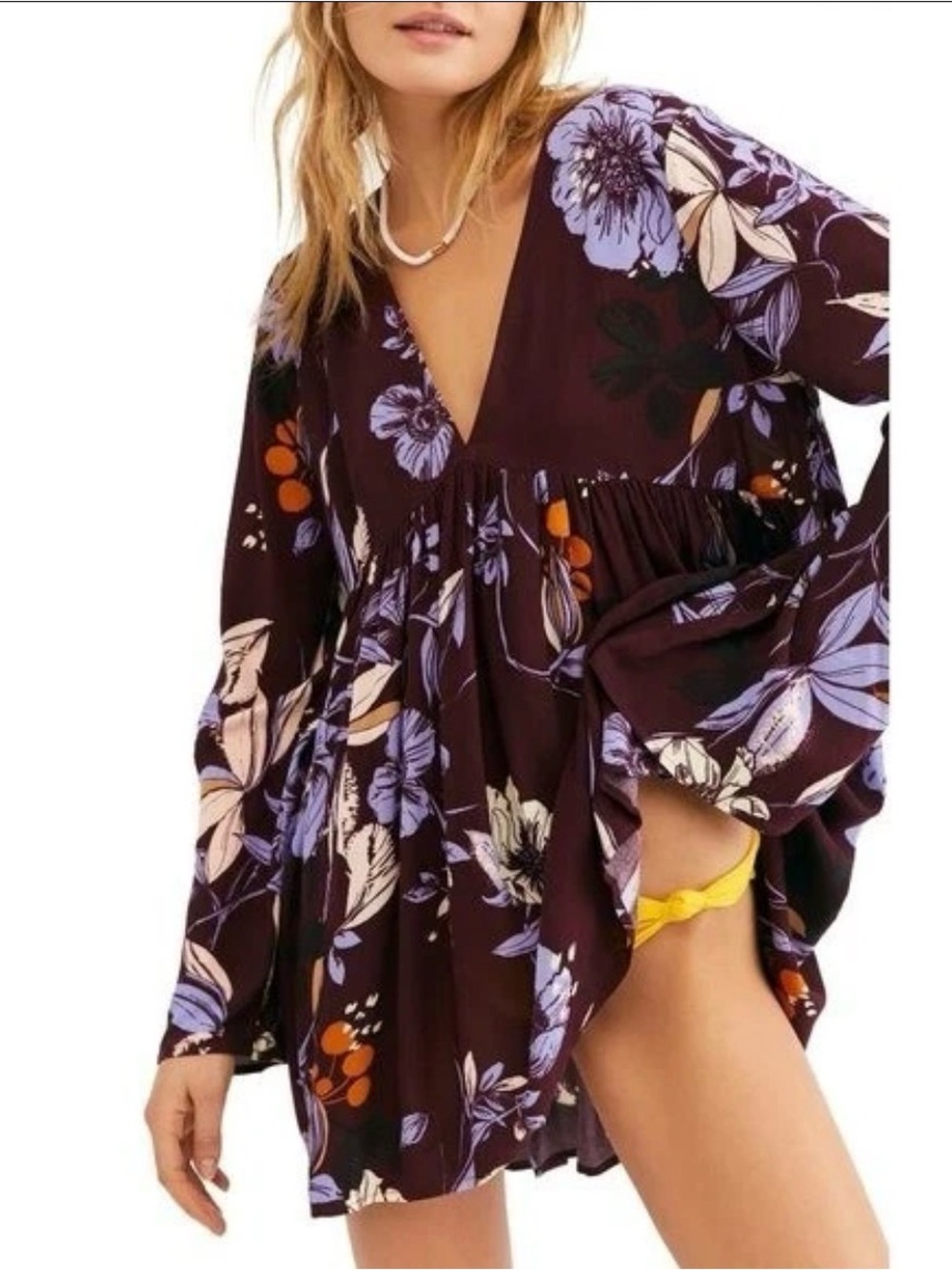 Free People Bella tunic in wine floral pattern sz XS
